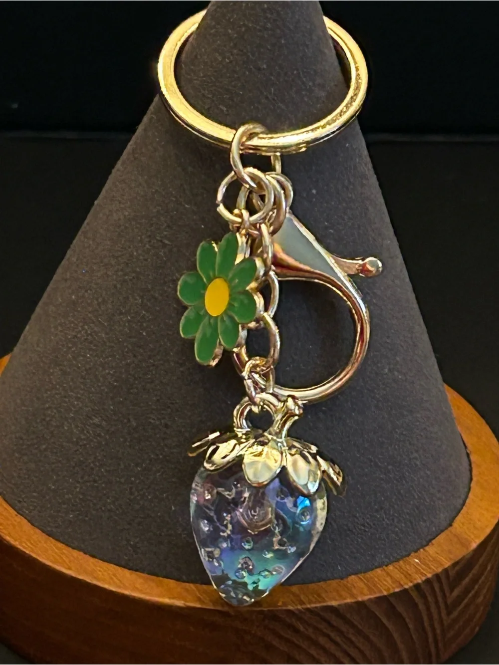Gold-Tone & Iridescent Strawberry 🍓 & Color Enamel Flower Bag Charm Keychain NWT